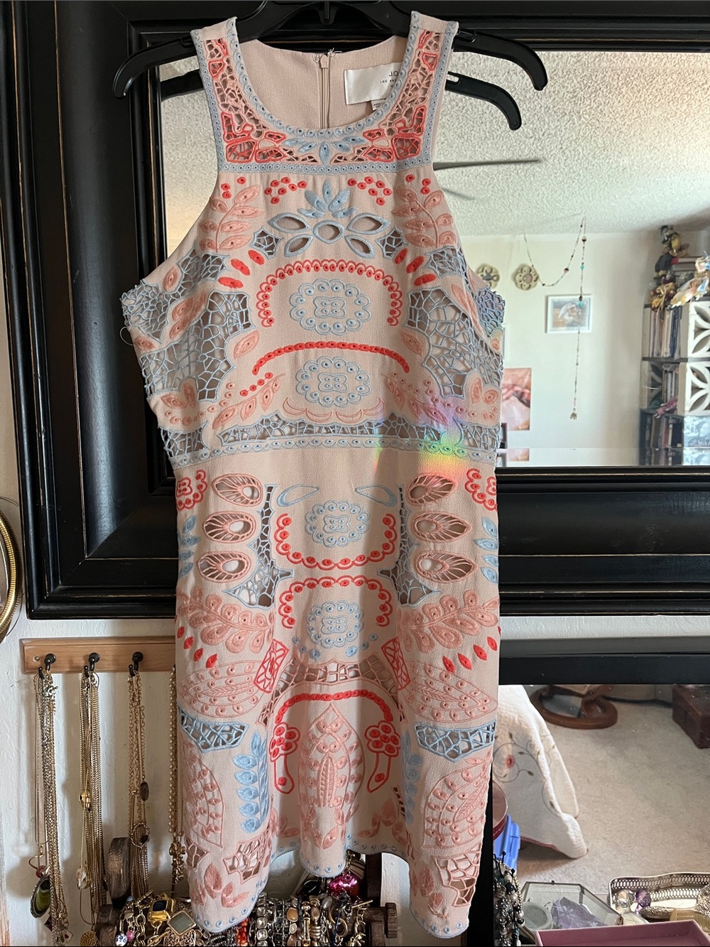 J.O.A. Sleeveless Embroidered Midi Dress in Blush, Coral & Powder Blue